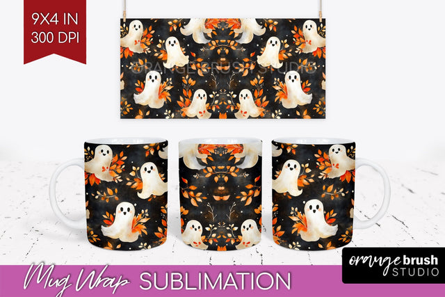 Cute Ghost Mug Wrap - Halloween 15 oz Mug Sublimation Sublimation OrangeBrushStudio 