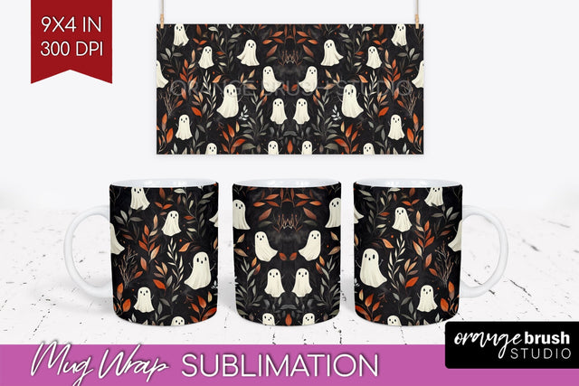 Cute Ghost Mug Wrap - Halloween 15 oz Mug Sublimation Sublimation OrangeBrushStudio 