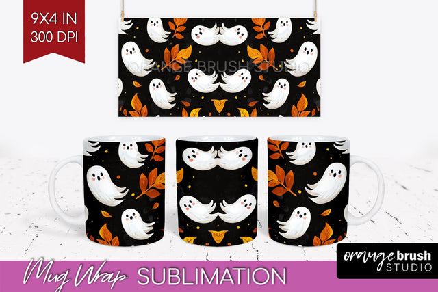 Cute Ghost Mug Wrap - Halloween 15 oz Mug Sublimation Sublimation OrangeBrushStudio 