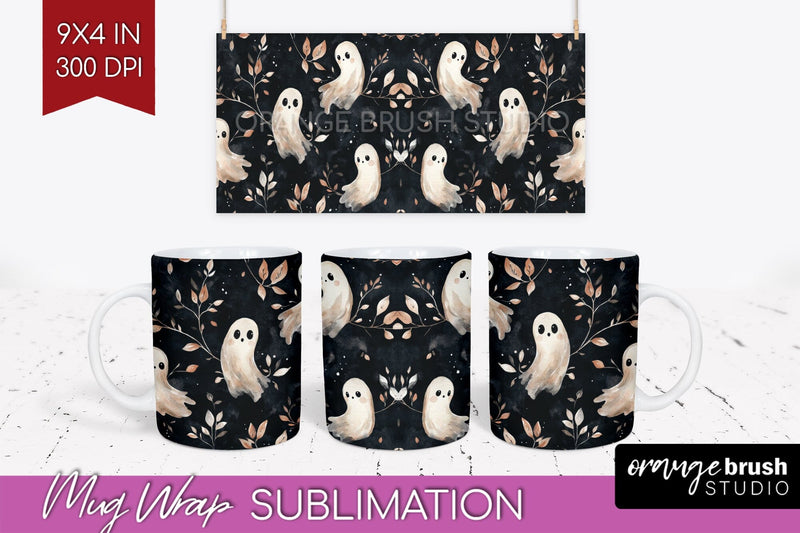 Cute Ghost Mug Wrap - Halloween 15 oz Mug Sublimation Sublimation OrangeBrushStudio 