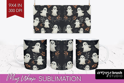 Cute Ghost Mug Wrap - Halloween 15 oz Mug Sublimation Sublimation OrangeBrushStudio 