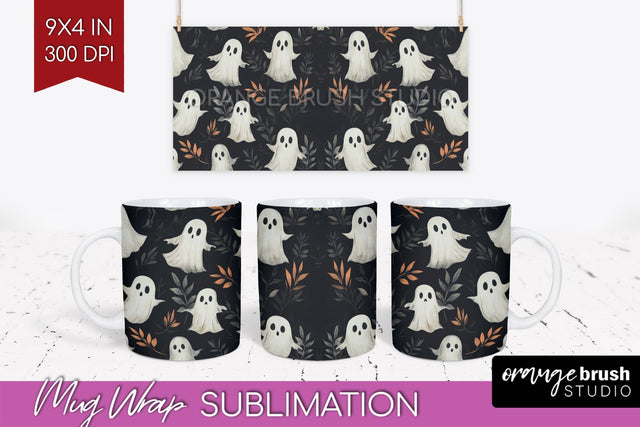 Cute Ghost Mug Wrap - Halloween 15 oz Mug Sublimation Sublimation OrangeBrushStudio 
