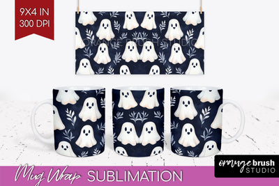 Cute Ghost Mug Wrap - Halloween 15 oz Mug Sublimation Sublimation OrangeBrushStudio 