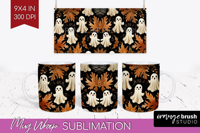 Cute Ghost Mug Wrap - Halloween 15 oz Mug Sublimation Sublimation OrangeBrushStudio 
