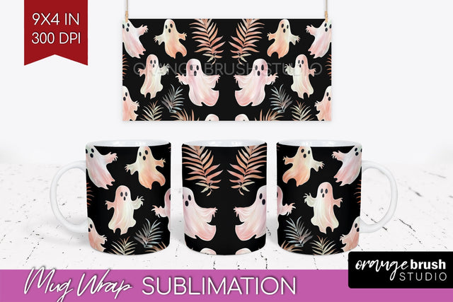 Cute Ghost Mug Wrap - Halloween 15 oz Mug Sublimation Sublimation OrangeBrushStudio 