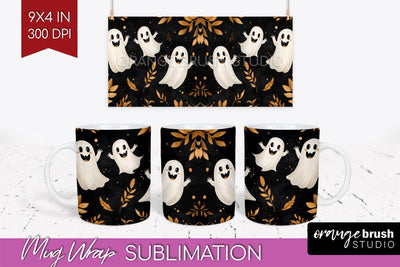 Cute Ghost Mug Wrap - Halloween 15 oz Mug Sublimation Sublimation OrangeBrushStudio 
