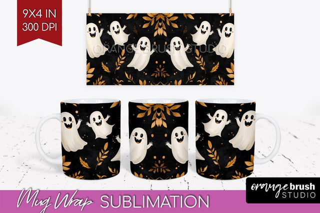 Cute Ghost Mug Wrap - Halloween 15 oz Mug Sublimation Sublimation OrangeBrushStudio 