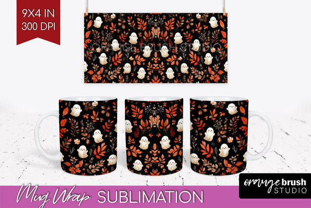 Cute Ghost Mug Wrap - Halloween 15 oz Mug Sublimation Sublimation OrangeBrushStudio 
