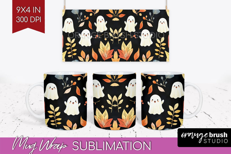 Cute Ghost Mug Wrap - Halloween 15 oz Mug Sublimation Sublimation OrangeBrushStudio 