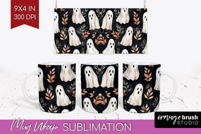 Cute Ghost Mug Wrap - Halloween 15 oz Mug Sublimation Sublimation OrangeBrushStudio 