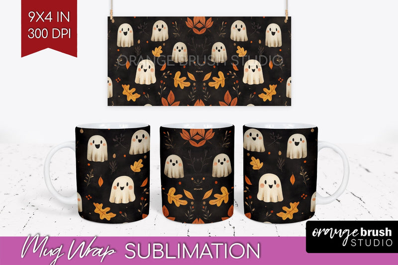 Cute Ghost Mug Wrap - Halloween 15 oz Mug Sublimation Sublimation OrangeBrushStudio 