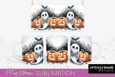 Cute Ghost Mug Wrap - Halloween Mug Sublimation Designs Sublimation OrangeBrushStudio 