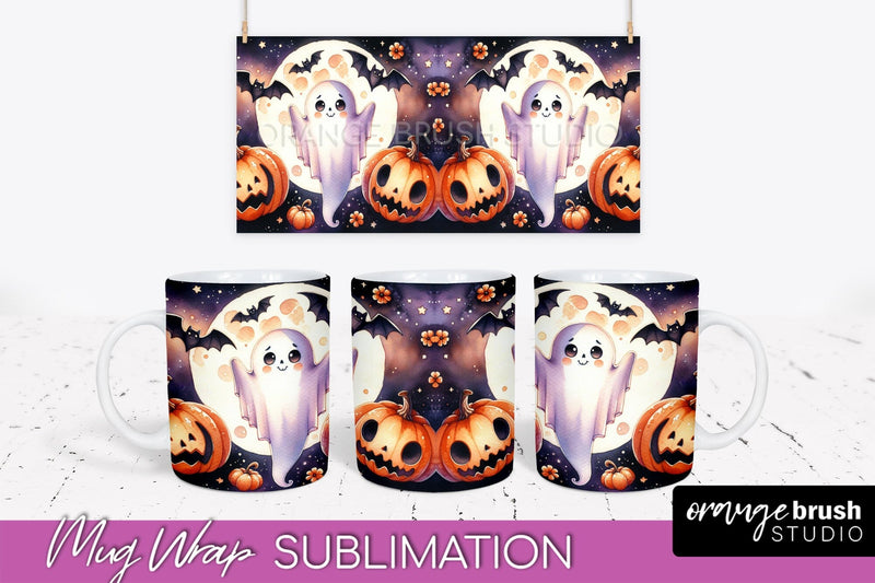 Cute Ghost Mug Wrap - Halloween Mug Sublimation Designs Sublimation OrangeBrushStudio 