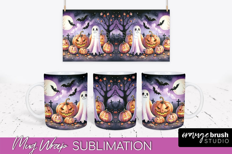 Cute Ghost Mug Wrap - Halloween Mug Sublimation Designs Sublimation OrangeBrushStudio 
