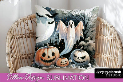 Cute Ghost Pillow Sublimation - Halloween Pillow Cover Sublimation OrangeBrushStudio 