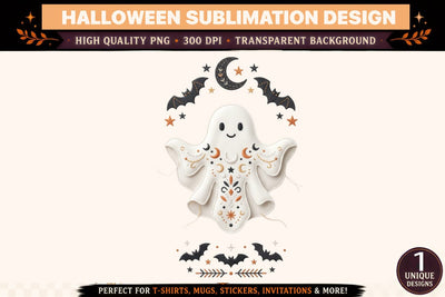 Cute Ghost PNG, Celestial Halloween Ghost with Moon and Stars, Minimalist Spooky Sublimation Design, Boho Halloween Clipart for T Shirts and Mugs Sublimation BlackCatsMedia 