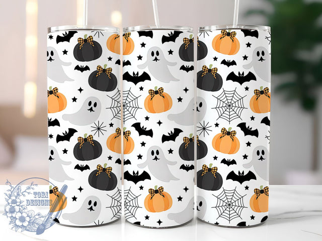 Cute Ghost Pumpkin Bow Halloween Tumbler, Bow Halloween Cup Wrap, 20Oz Sublimation, Ghost & Pumpkin Drinkware, Kawaii Spooky Mug, Spiderweb Bow Wrap, Adorable Halloween Cup Print Sublimation ToriDesigns 