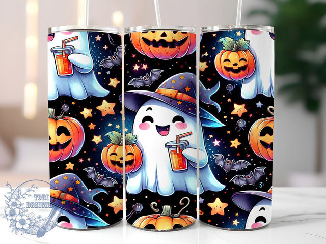 Cute Ghost Pumpkin Spooky Season 20oz Skinny Tumbler, Retro Halloween Tumbler Png, Straight & Tapered Tumbler Wrap, Instant Digital Download Sublimation ToriDesigns 