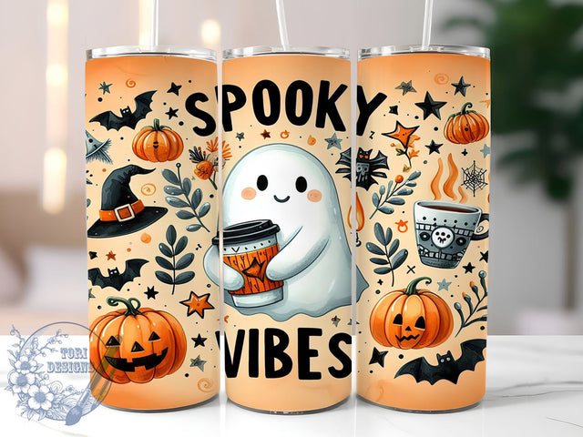 Cute Ghost Pumpkin Spooky Vibes 20oz Skinny Tumbler, Retro Halloween Tumbler Png, Straight & Tapered Tumbler Wrap, Instant Digital Download Sublimation ToriDesigns 