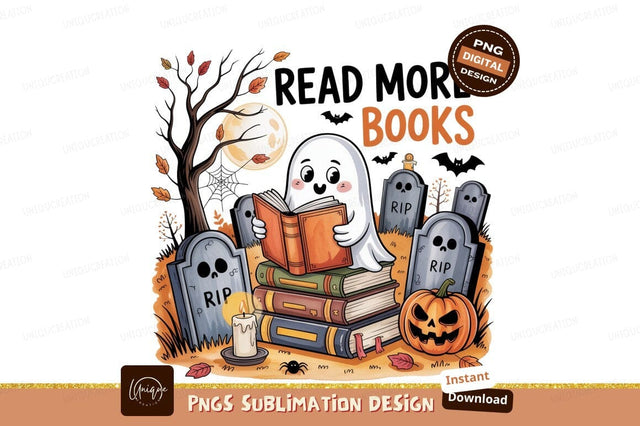 Cute ghost reading books in cemetery halloween Sublimation Designangry 