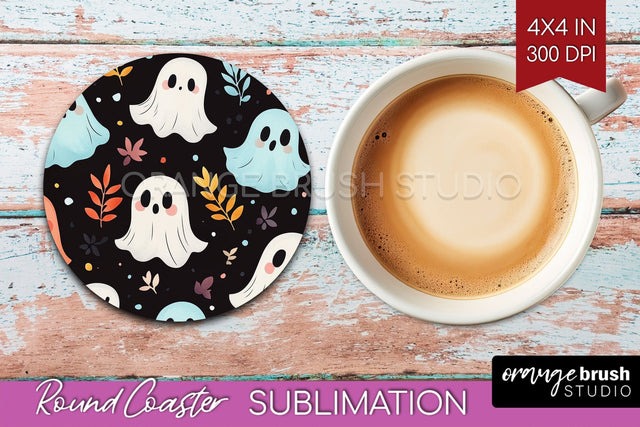 Cute Ghost Round Coaster - Halloween Coaster Sublimation Sublimation OrangeBrushStudio 