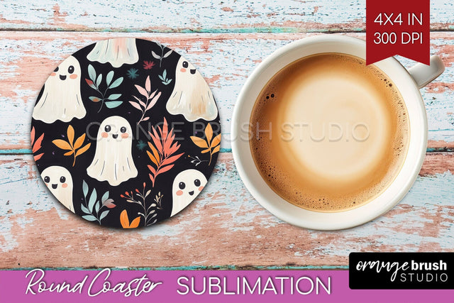 Cute Ghost Round Coaster - Halloween Coaster Sublimation Sublimation OrangeBrushStudio 