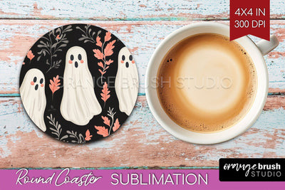 Cute Ghost Round Coaster - Halloween Coaster Sublimation Sublimation OrangeBrushStudio 