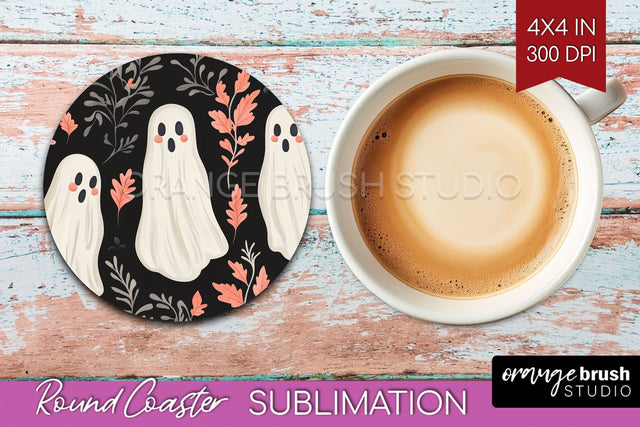 Cute Ghost Round Coaster - Halloween Coaster Sublimation Sublimation OrangeBrushStudio 