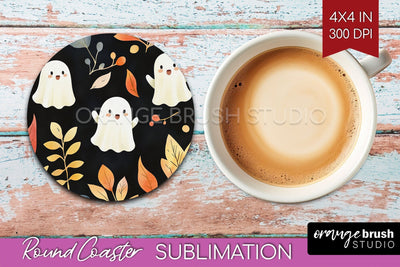 Cute Ghost Round Coaster - Halloween Coaster Sublimation Sublimation OrangeBrushStudio 