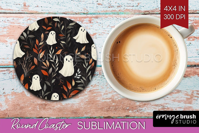 Cute Ghost Round Coaster - Halloween Coaster Sublimation Sublimation OrangeBrushStudio 