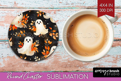 Cute Ghost Round Coaster - Halloween Coaster Sublimation Sublimation OrangeBrushStudio 