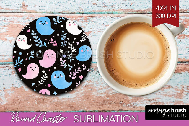 Cute Ghost Round Coaster - Halloween Coaster Sublimation Sublimation OrangeBrushStudio 