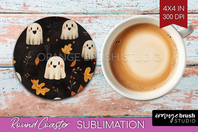 Cute Ghost Round Coaster - Halloween Coaster Sublimation Sublimation OrangeBrushStudio 