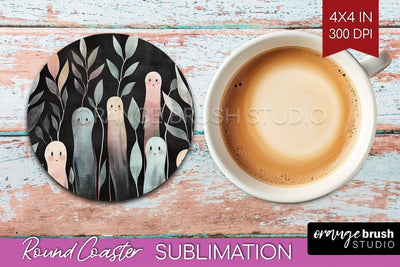 Cute Ghost Round Coaster - Halloween Coaster Sublimation Sublimation OrangeBrushStudio 