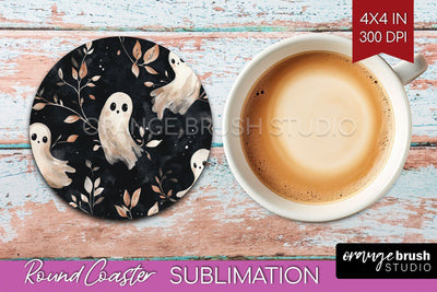 Cute Ghost Round Coaster - Halloween Coaster Sublimation Sublimation OrangeBrushStudio 