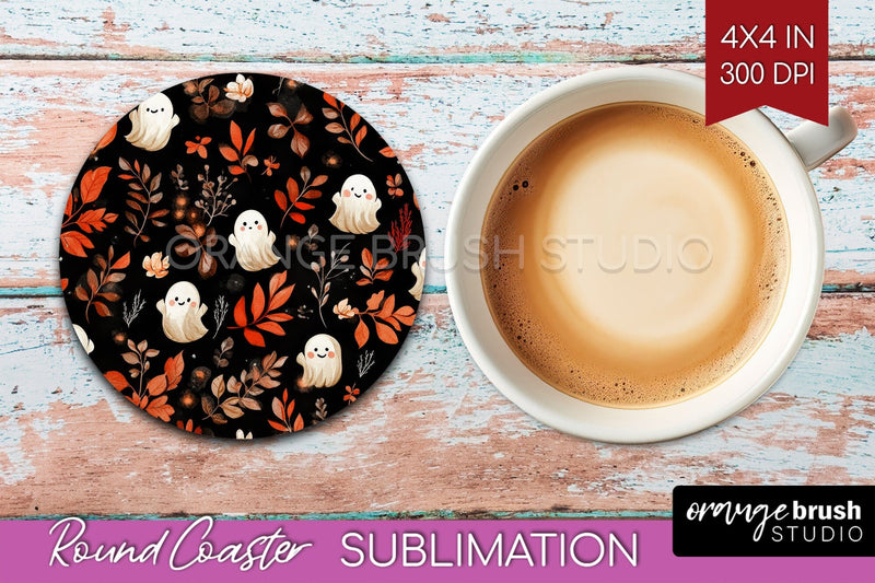 Cute Ghost Round Coaster - Halloween Coaster Sublimation Sublimation OrangeBrushStudio 