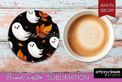 Cute Ghost Round Coaster - Halloween Coaster Sublimation Sublimation OrangeBrushStudio 
