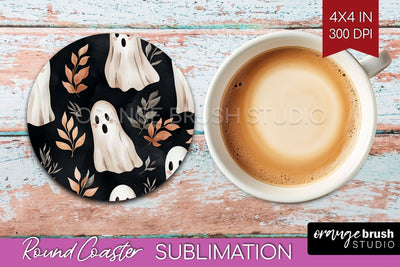 Cute Ghost Round Coaster - Halloween Coaster Sublimation Sublimation OrangeBrushStudio 
