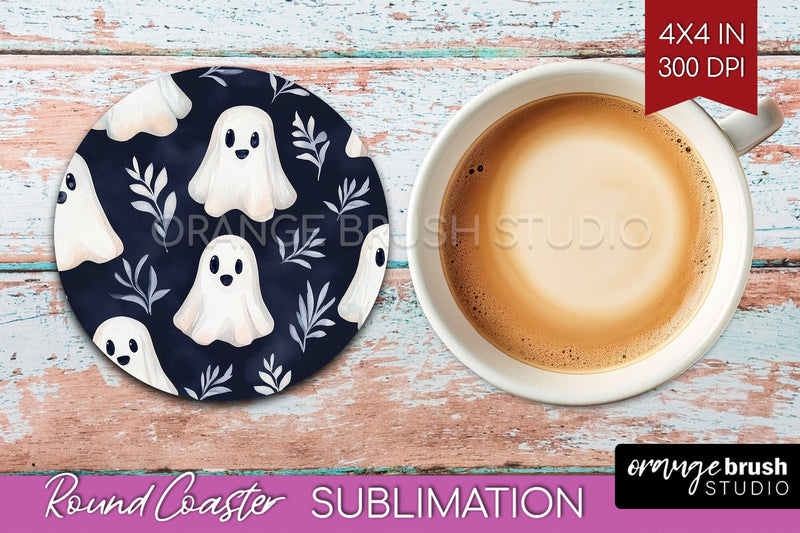 Cute Ghost Round Coaster - Halloween Coaster Sublimation Sublimation OrangeBrushStudio 