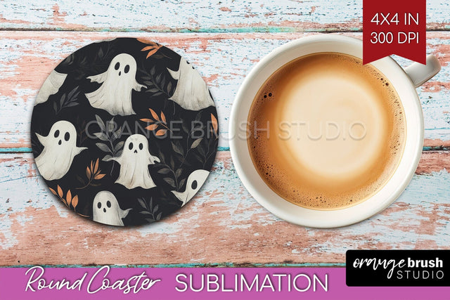 Cute Ghost Round Coaster - Halloween Coaster Sublimation Sublimation OrangeBrushStudio 