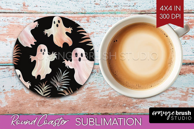 Cute Ghost Round Coaster - Halloween Coaster Sublimation Sublimation OrangeBrushStudio 
