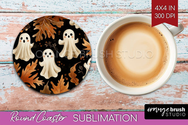 Cute Ghost Round Coaster - Halloween Coaster Sublimation Sublimation OrangeBrushStudio 