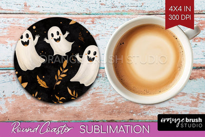 Cute Ghost Round Coaster - Halloween Coaster Sublimation Sublimation OrangeBrushStudio 