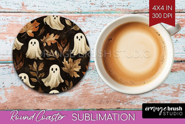 Cute Ghost Round Coaster - Halloween Coaster Sublimation Sublimation OrangeBrushStudio 