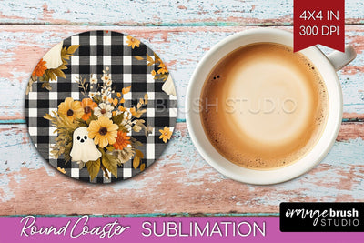 Cute Ghost Round Coaster - Halloween Coaster Sublimation Sublimation OrangeBrushStudio 