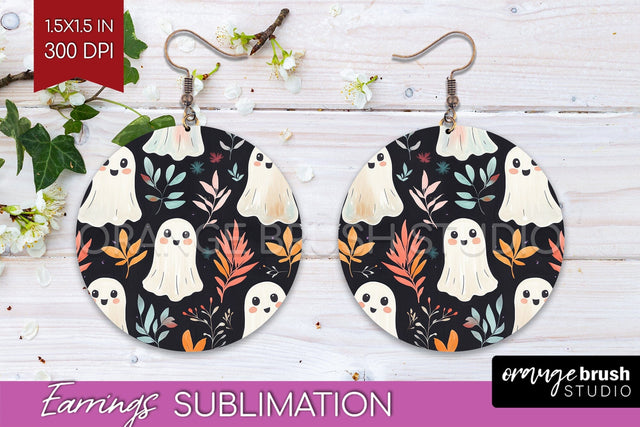 Cute Ghost Round Earrings, Halloween Earring Sublimation Sublimation OrangeBrushStudio 