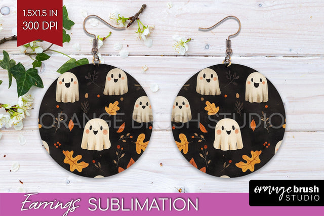 Cute Ghost Round Earrings, Halloween Earring Sublimation Sublimation OrangeBrushStudio 