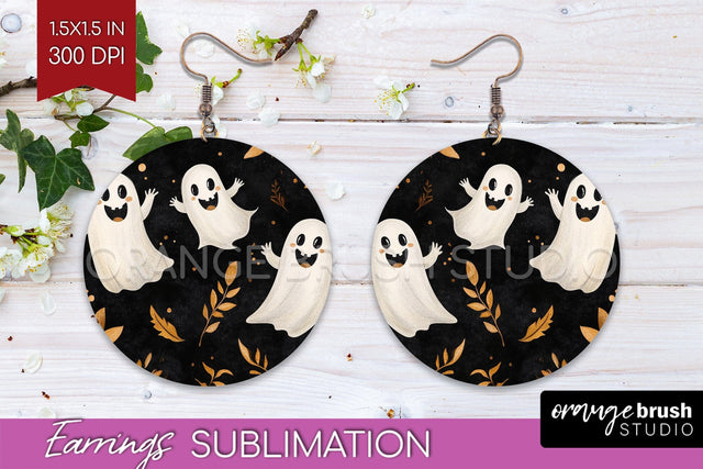 Cute Ghost Round Earrings, Halloween Earring Sublimation Sublimation OrangeBrushStudio 