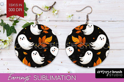 Cute Ghost Round Earrings, Halloween Earring Sublimation Sublimation OrangeBrushStudio 