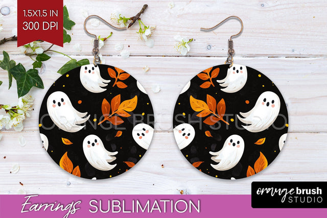 Cute Ghost Round Earrings, Halloween Earring Sublimation Sublimation OrangeBrushStudio 